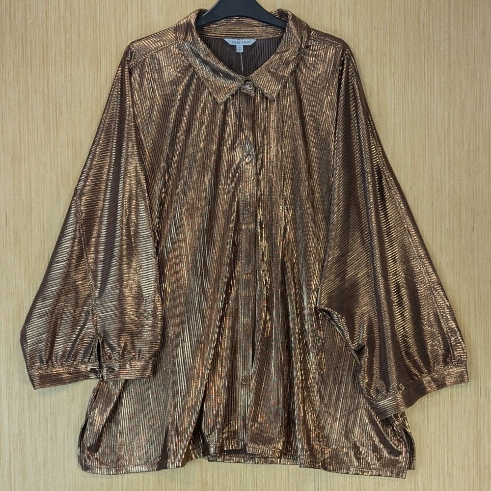 John Mark Bronze Metallic Plisse Button Down Shirt Women Size 3X Pleated Party